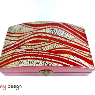  Red lacquer box with curved lid with eggshell wavesr 14x24xH8 cm